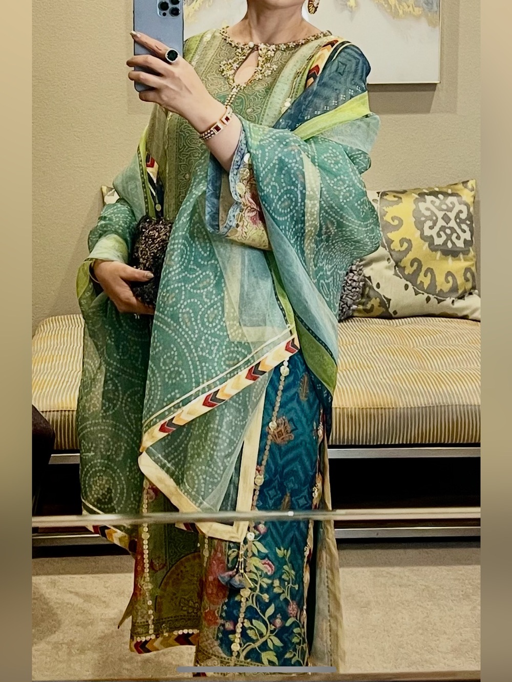 Long Sleeve Green Printed Women's Dress with Coordinating Dupatta